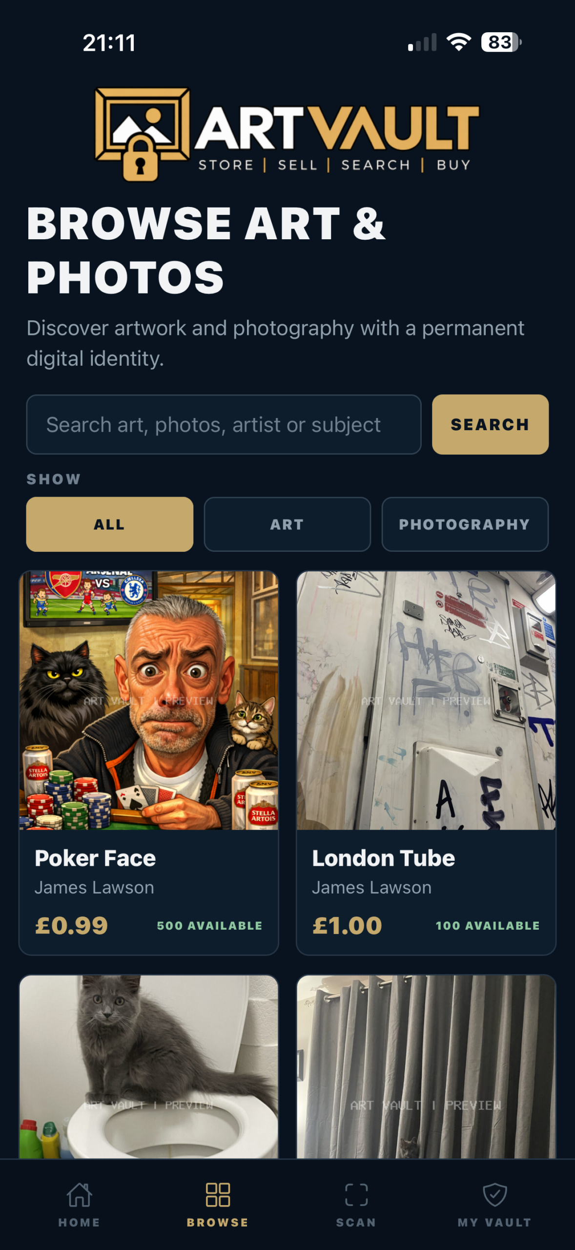 Browse art and photography in the Art Vault marketplace