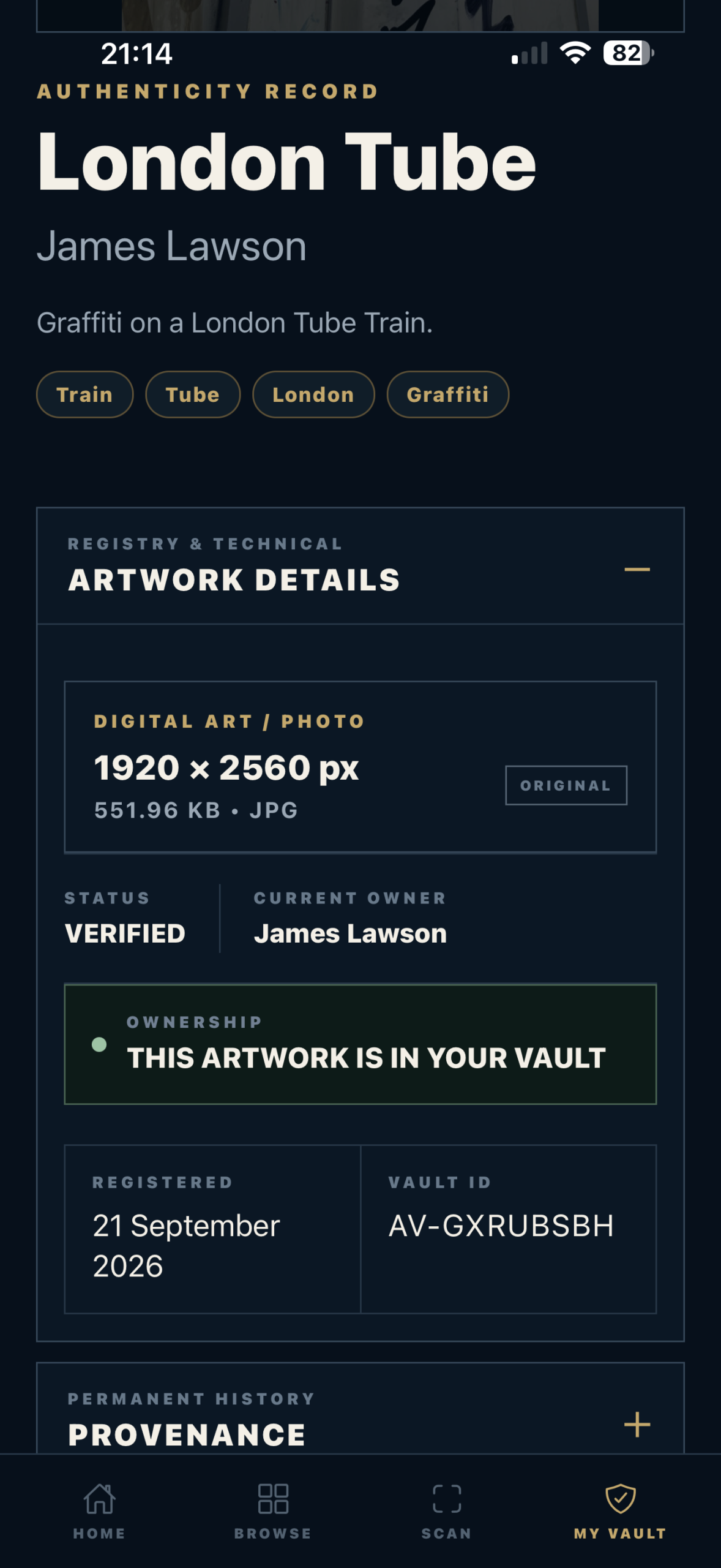 Verified Art Vault artwork identity and ownership record